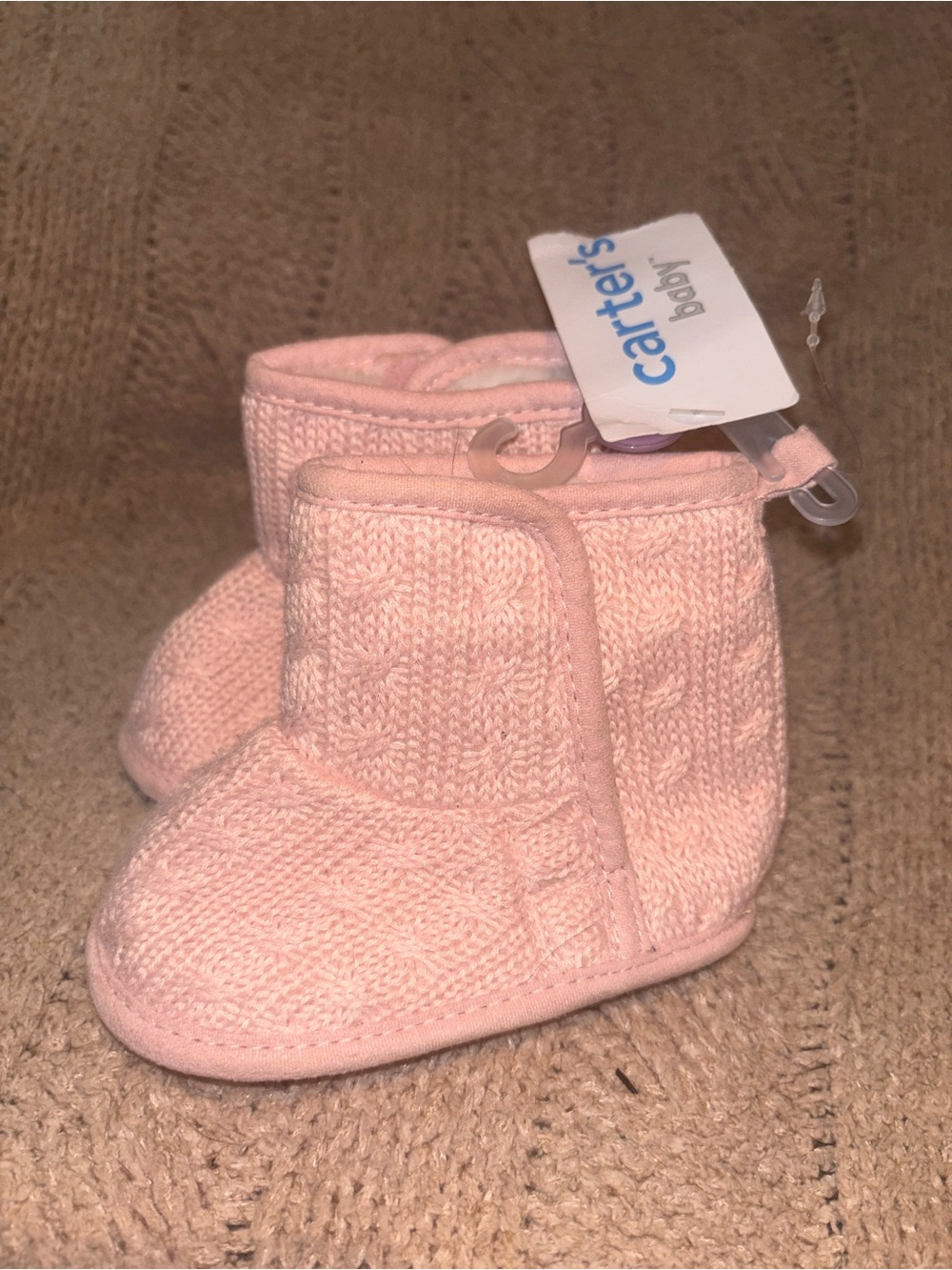 Carter’s Baby Girl Pink Cable Knit Faux Fur Booties 6-9M NWT